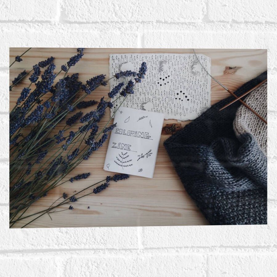 Muursticker Bloemen Lavendel Tafel Hout Tekening Papier Tekst Wol Breien 40x30 cm Foto op Muursticker