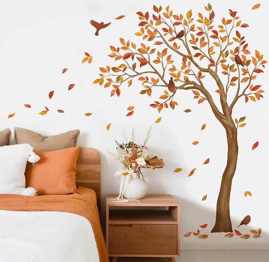 Muursticker boom XXL grote muursticker herfst bladeren vogels muursticker wanddecoratie voor woonkamer slaapkamer bank tv achtergrond (H: 170 cm)