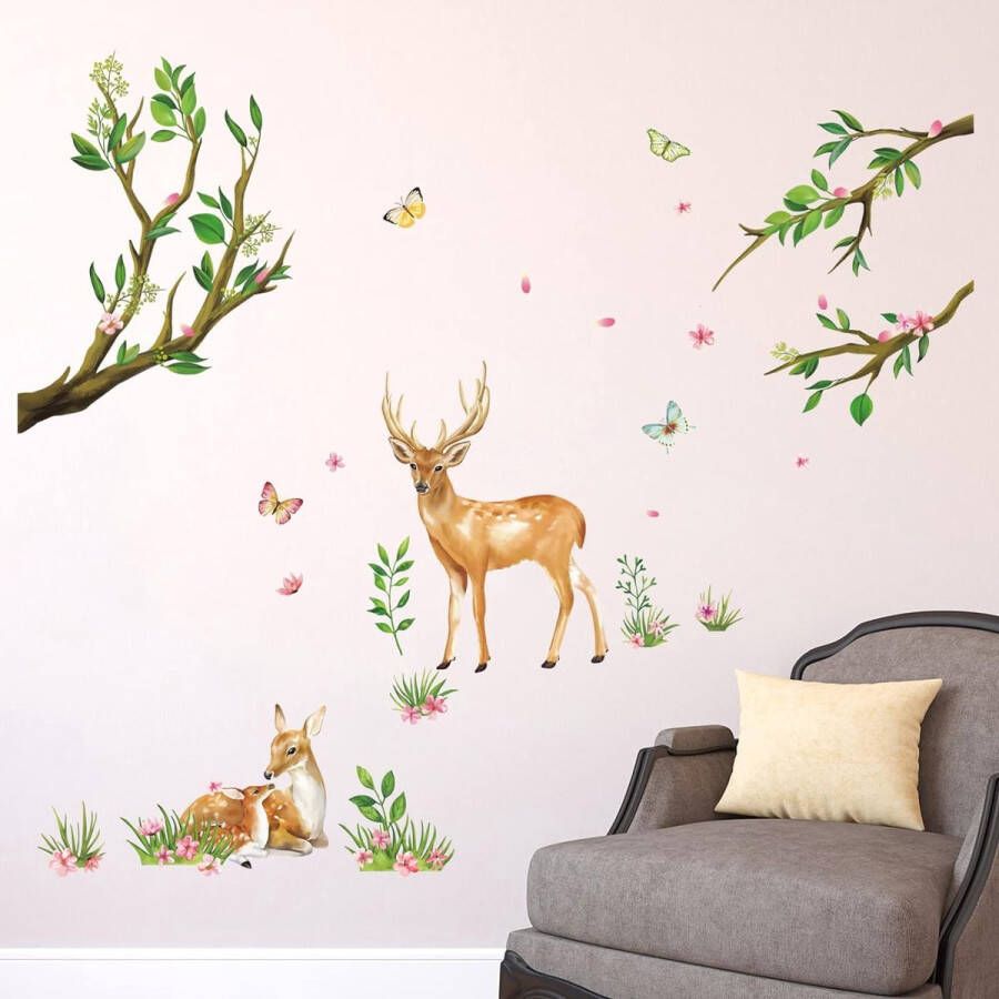 Muursticker bosdieren hert muursticker takken bloemen muursticker wanddecoratie voor slaapkamer woonkamer bank achtergrond