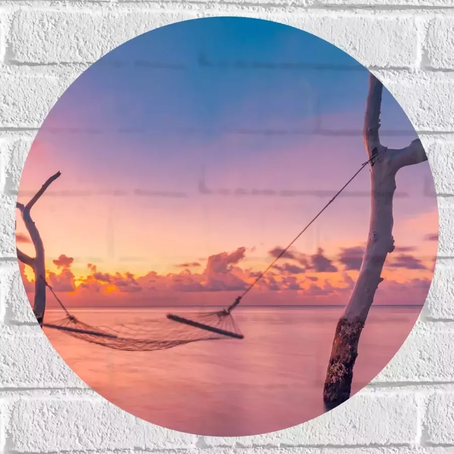 Muursticker Cirkel Hangmat tussen Kale Takken in de Zee tijdens Zonsondergang 50x50 cm Foto op Muursticker