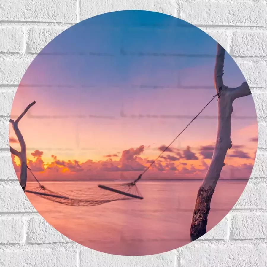 Muursticker Cirkel Hangmat tussen Kale Takken in de Zee tijdens Zonsondergang 60x60 cm Foto op Muursticker