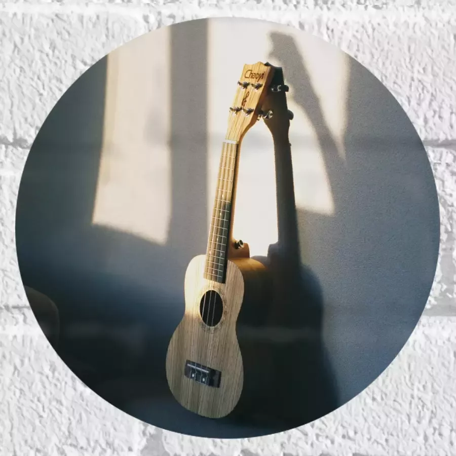 Muursticker Cirkel Houten Gitaar op Rand van Bank 20x20 cm Foto op Muursticker