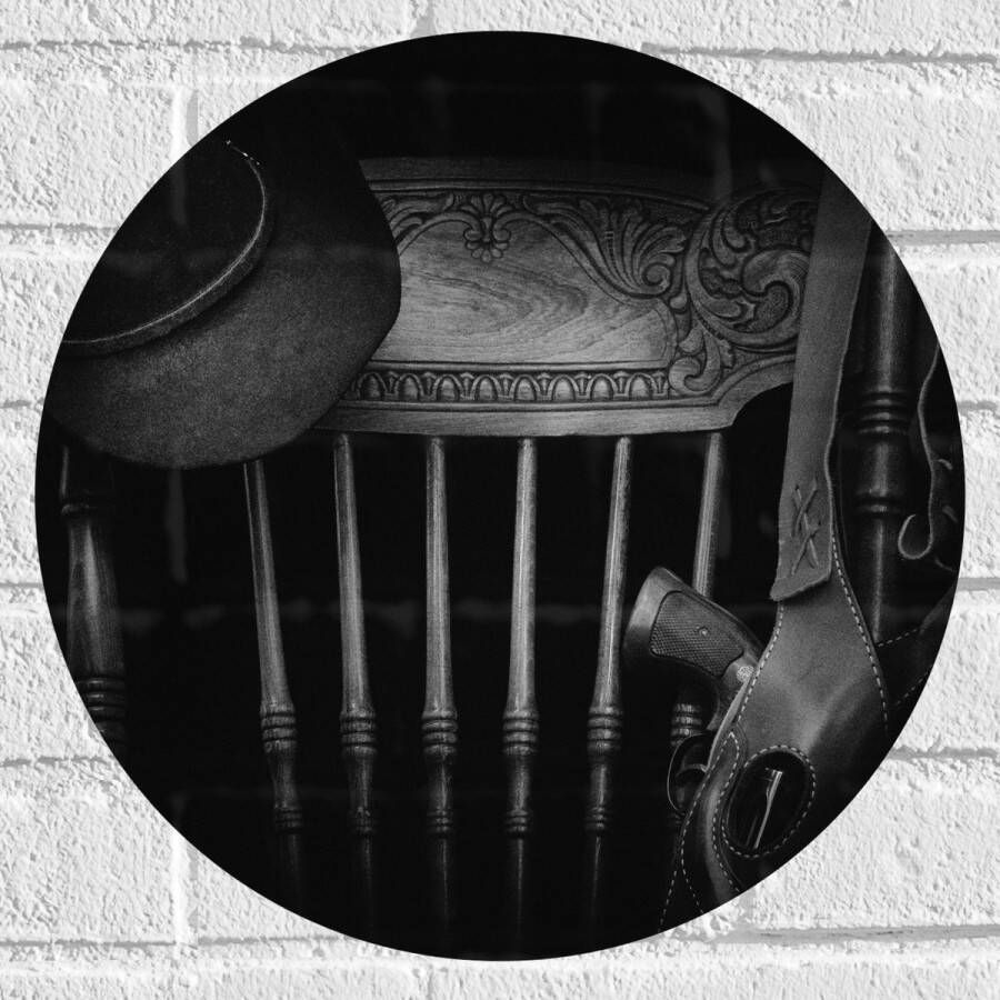 Muursticker Cirkel Houten Stoel met Geweer en Hoed 40x40 cm Foto op Muursticker