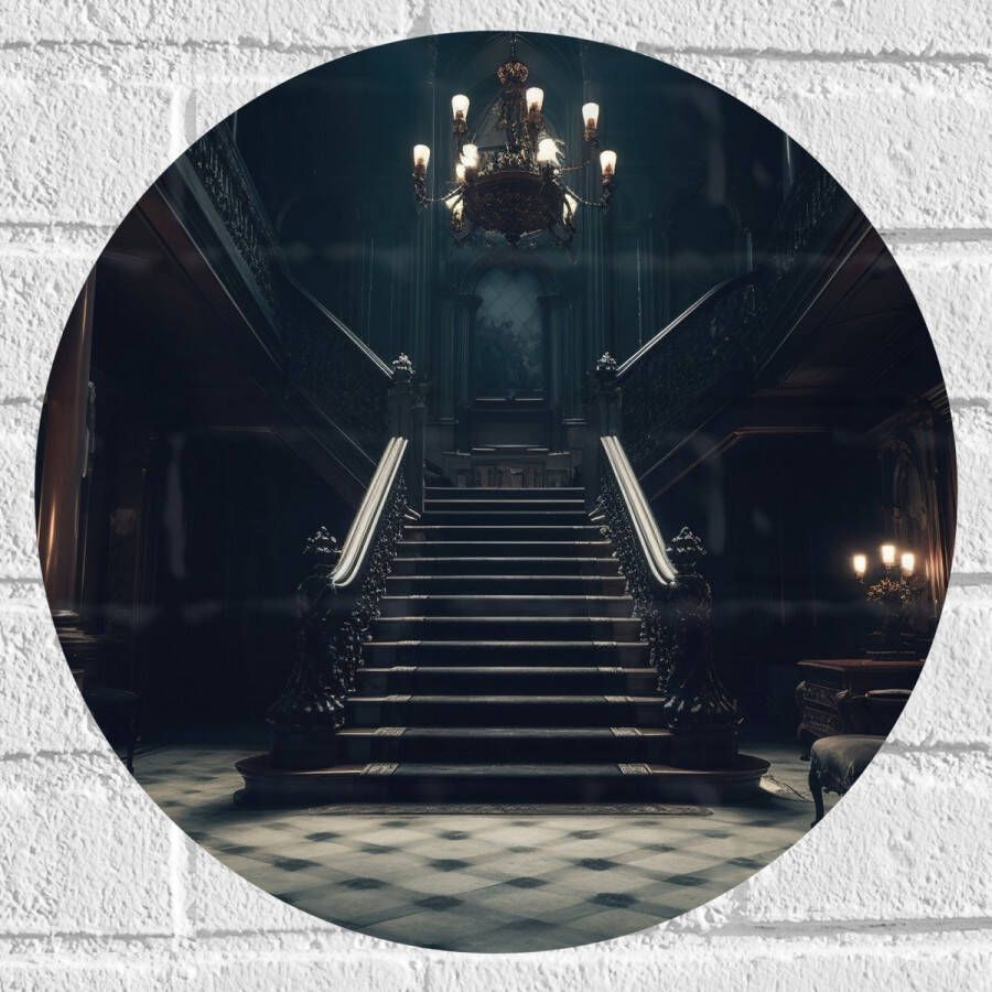 Muursticker Cirkel Huis Trap Donker Stoel Lampen Groot Gang 40x40 cm Foto op Muursticker