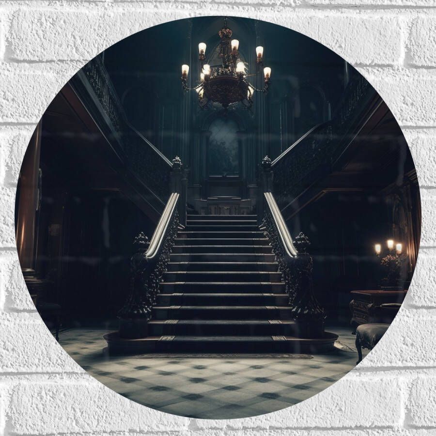 Muursticker Cirkel Huis Trap Donker Stoel Lampen Groot Gang 50x50 cm Foto op Muursticker