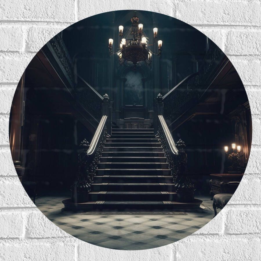 Muursticker Cirkel Huis Trap Donker Stoel Lampen Groot Gang 60x60 cm Foto op Muursticker