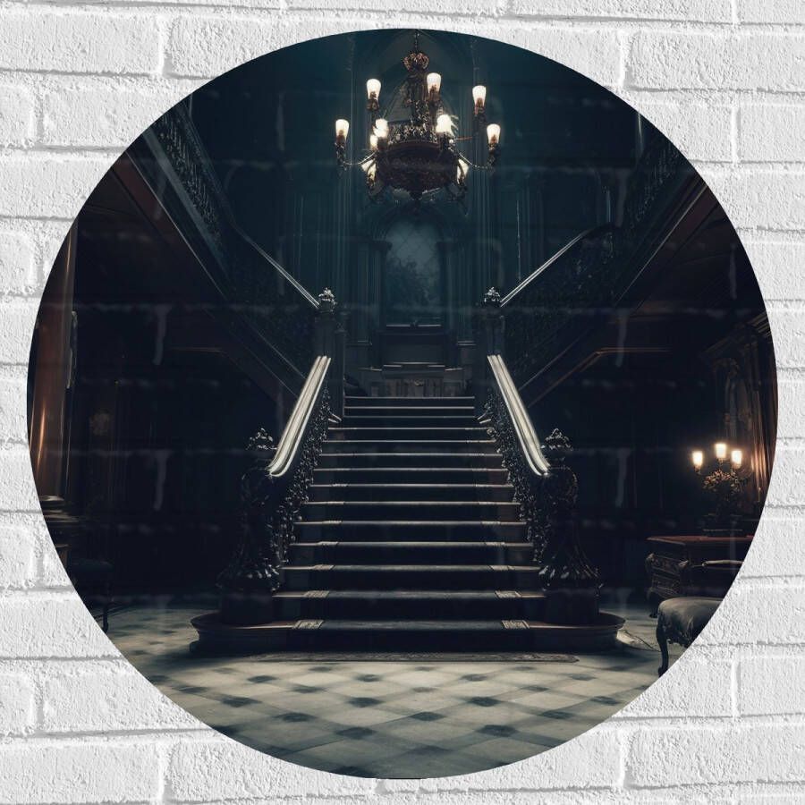 Muursticker Cirkel Huis Trap Donker Stoel Lampen Groot Gang 80x80 cm Foto op Muursticker