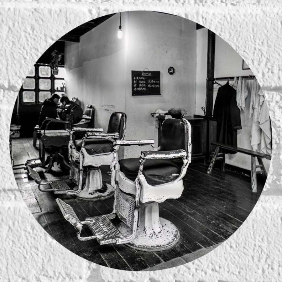 Muursticker Cirkel Kapper Zaak Barber- Stoelen Oud- Zwart Wit 20x20 cm Foto op Muursticker