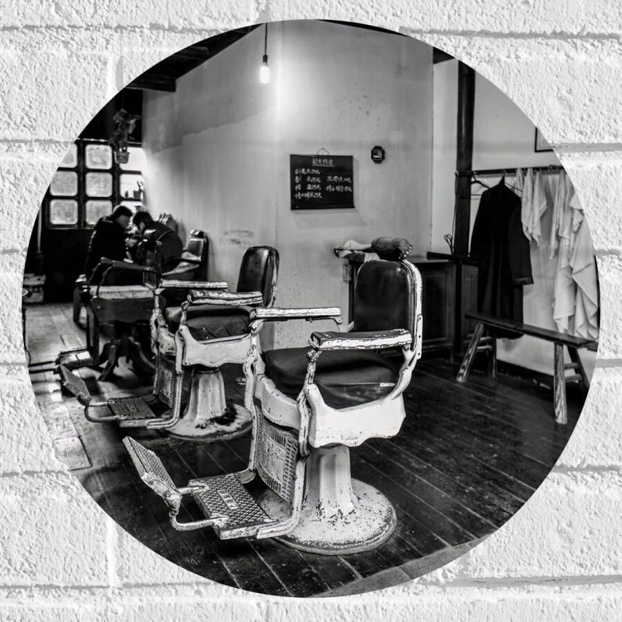 Muursticker Cirkel Kapper Zaak Barber- Stoelen Oud- Zwart Wit 40x40 cm Foto op Muursticker