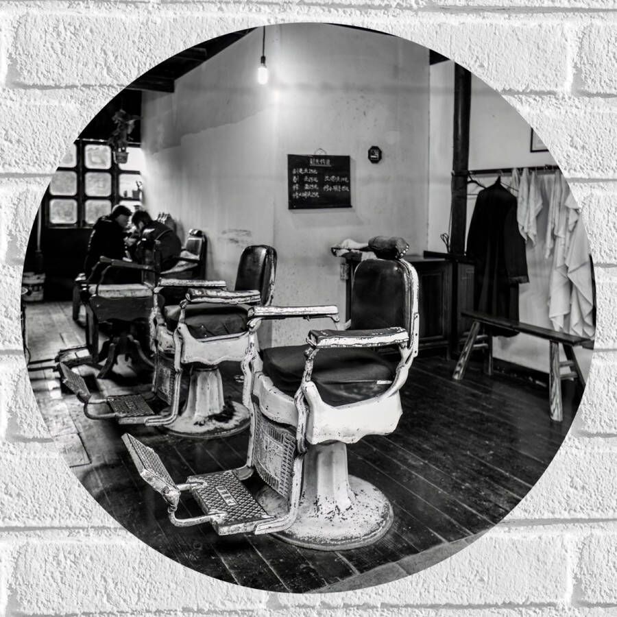 Muursticker Cirkel Kapper Zaak Barber- Stoelen Oud- Zwart Wit 50x50 cm Foto op Muursticker