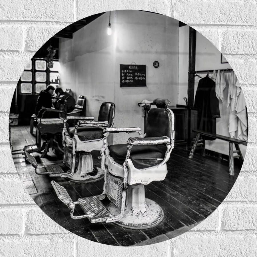 Muursticker Cirkel Kapper Zaak Barber- Stoelen Oud- Zwart Wit 60x60 cm Foto op Muursticker