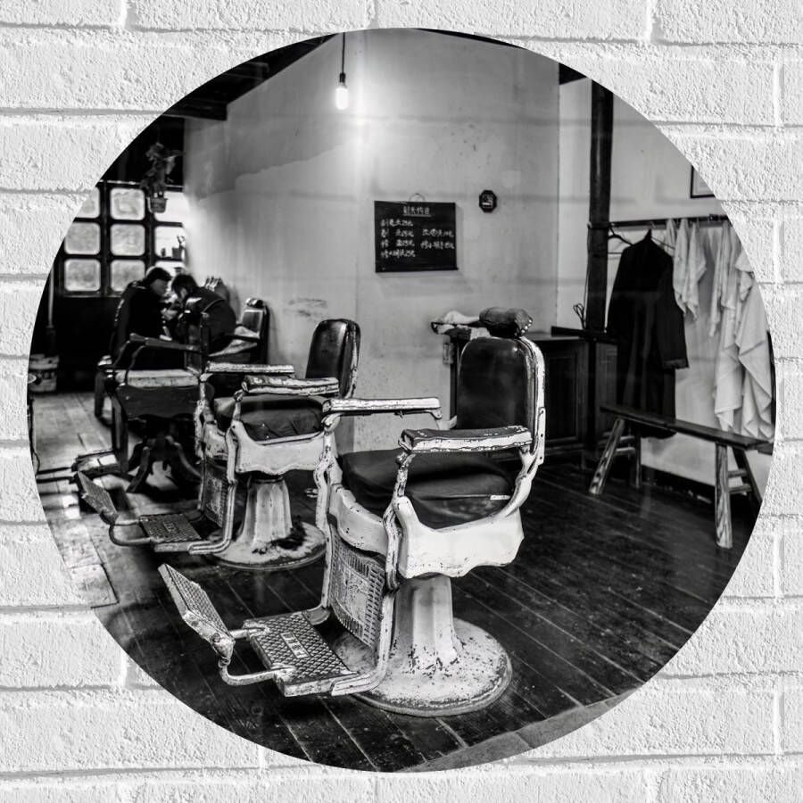 Muursticker Cirkel Kapper Zaak Barber- Stoelen Oud- Zwart Wit 70x70 cm Foto op Muursticker