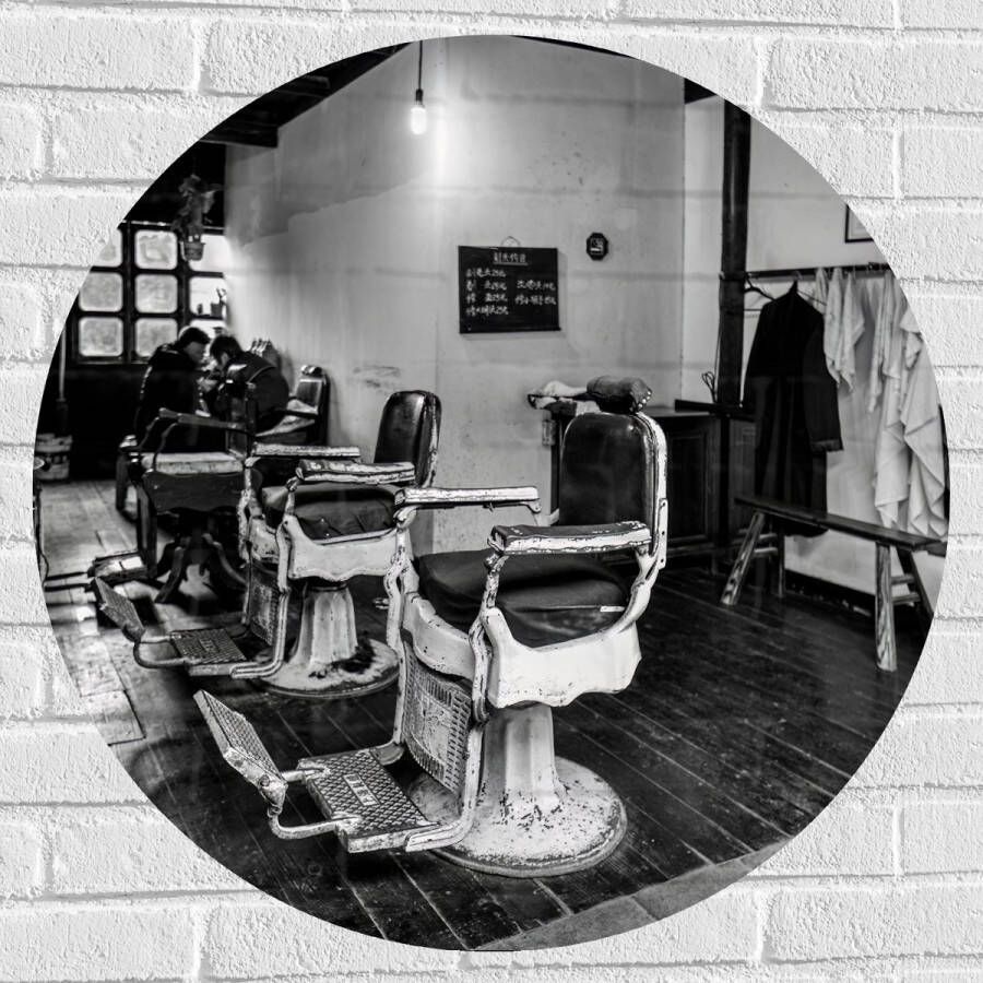 Muursticker Cirkel Kapper Zaak Barber- Stoelen Oud- Zwart Wit 80x80 cm Foto op Muursticker