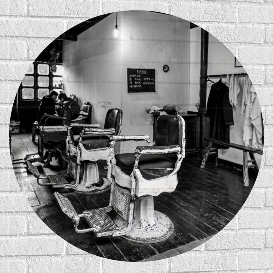 Muursticker Cirkel Kapper Zaak Barber- Stoelen Oud- Zwart Wit 90x90 cm Foto op Muursticker