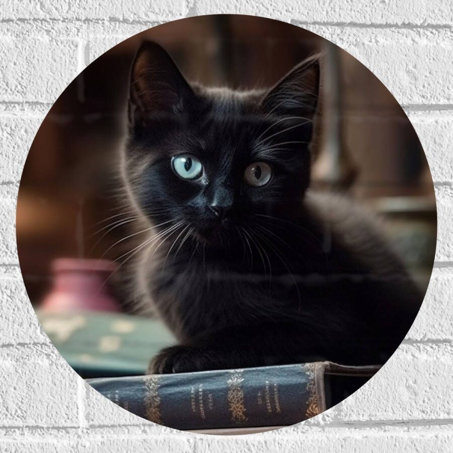 Muursticker Cirkel Kitten Dier Tafel Boeken Zwart 40x40 cm Foto op Muursticker