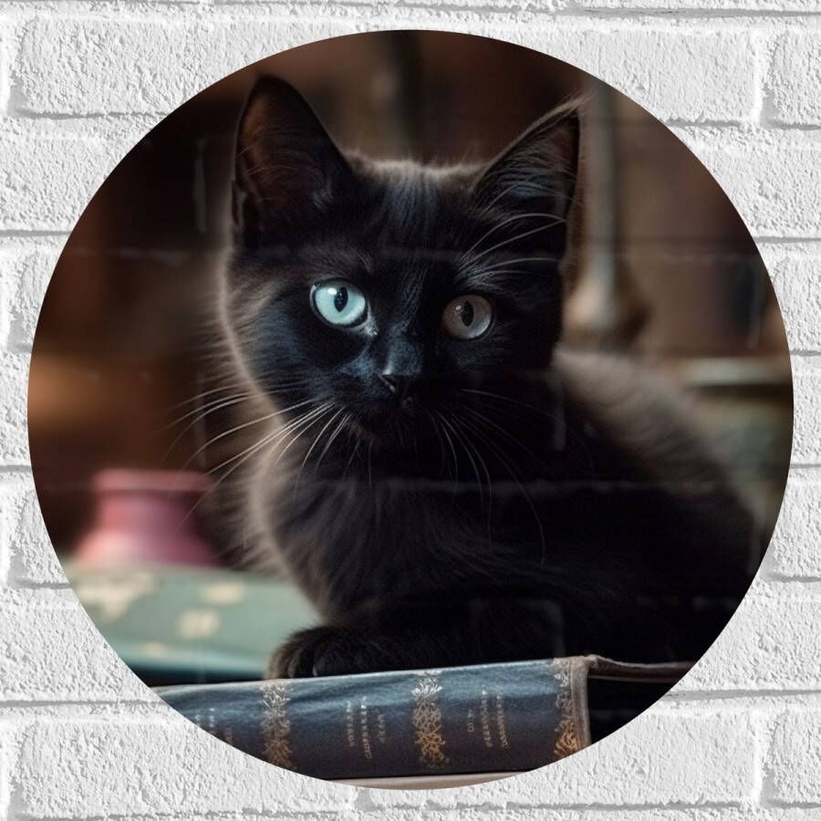 Muursticker Cirkel Kitten Dier Tafel Boeken Zwart 50x50 cm Foto op Muursticker