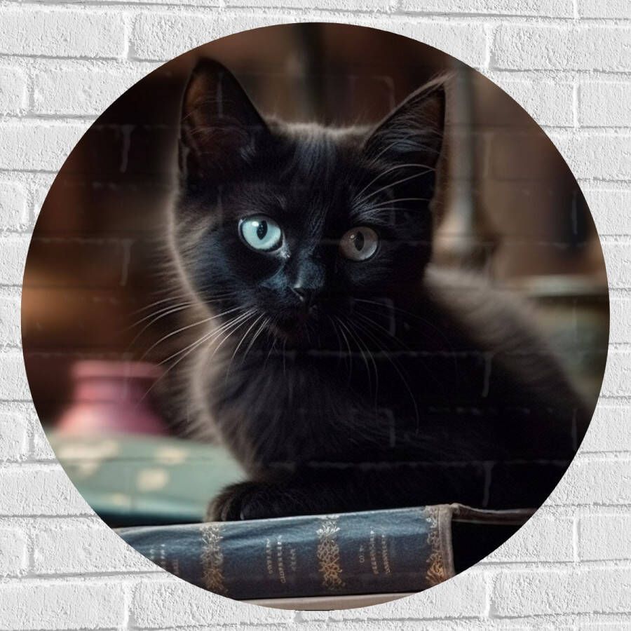 Muursticker Cirkel Kitten Dier Tafel Boeken Zwart 80x80 cm Foto op Muursticker