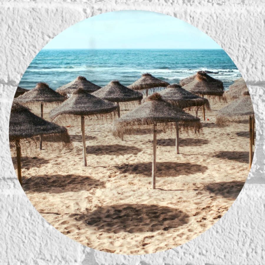 Muursticker Cirkel Zee Strand Zand Parasols 20x20 cm Foto op Muursticker