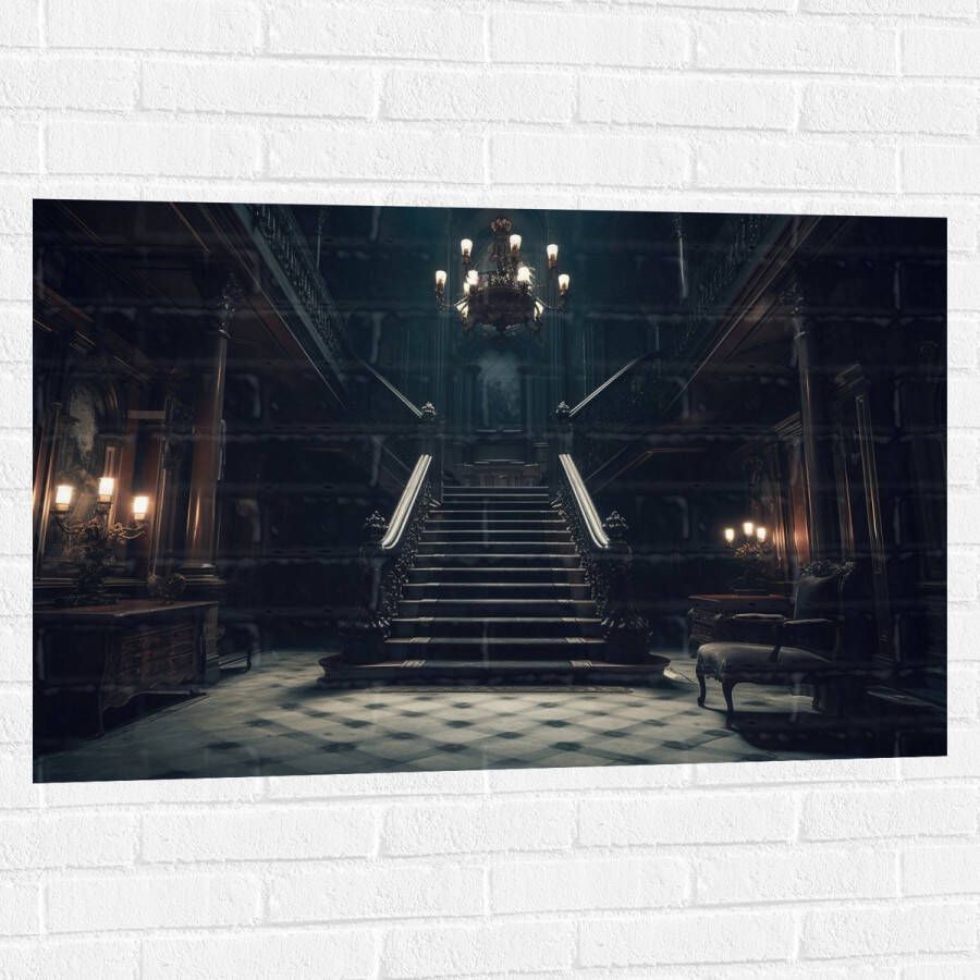 Muursticker Huis Trap Donker Stoel Lampen Groot Gang 105x70 cm Foto op Muursticker
