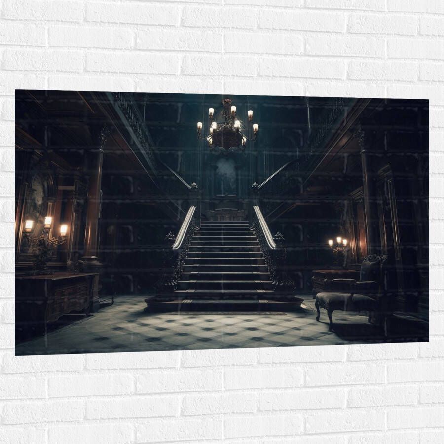 Muursticker Huis Trap Donker Stoel Lampen Groot Gang 120x80 cm Foto op Muursticker