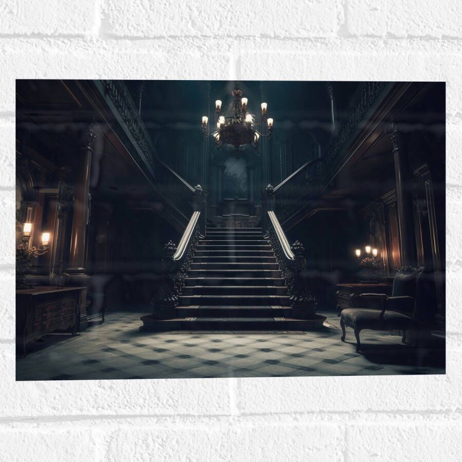 Muursticker Huis Trap Donker Stoel Lampen Groot Gang 40x30 cm Foto op Muursticker