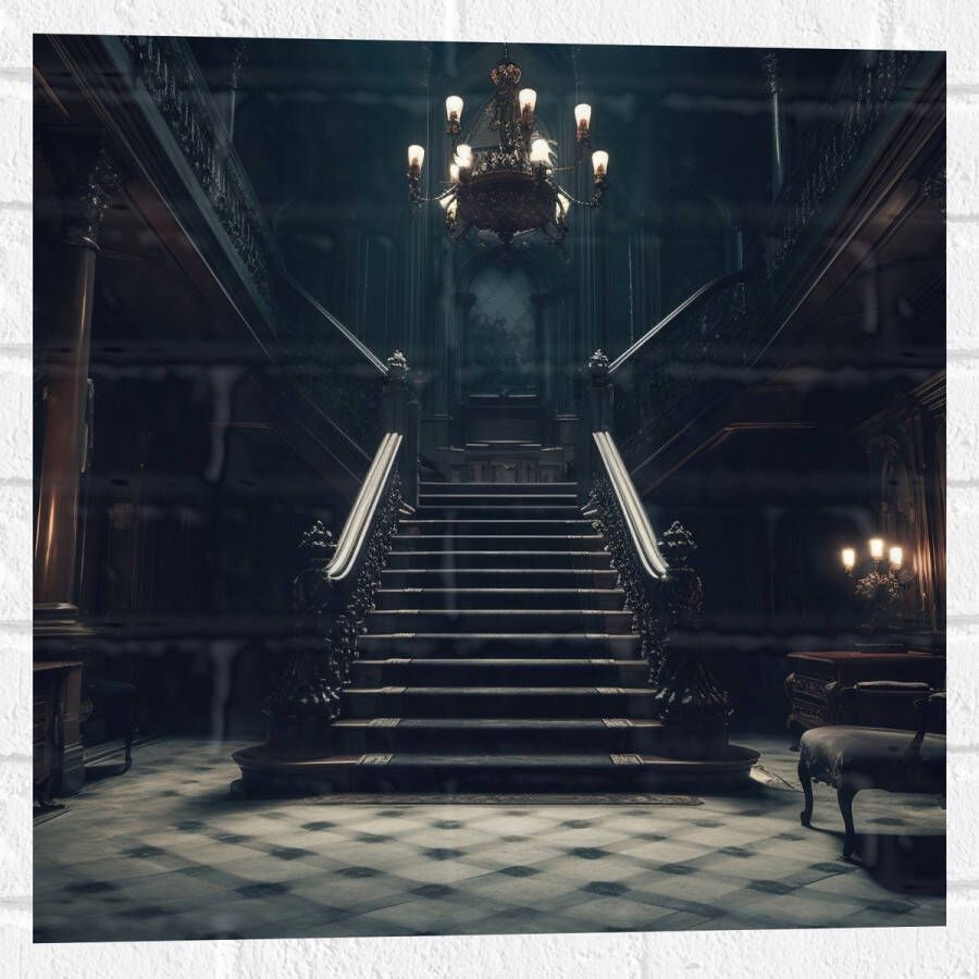 Muursticker Huis Trap Donker Stoel Lampen Groot Gang 50x50 cm Foto op Muursticker