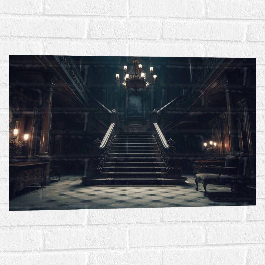 Muursticker Huis Trap Donker Stoel Lampen Groot Gang 75x50 cm Foto op Muursticker