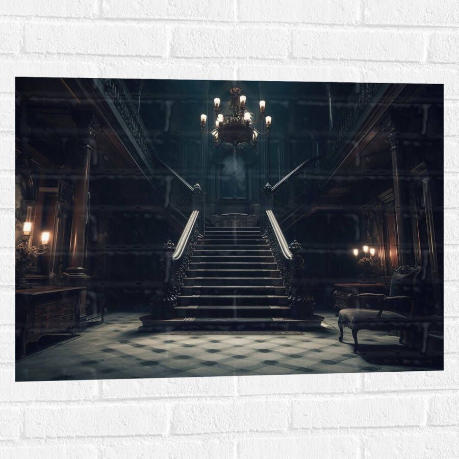 Muursticker Huis Trap Donker Stoel Lampen Groot Gang 80x60 cm Foto op Muursticker