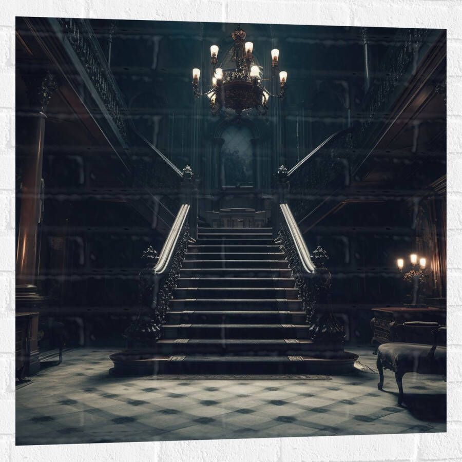 Muursticker Huis Trap Donker Stoel Lampen Groot Gang 80x80 cm Foto op Muursticker