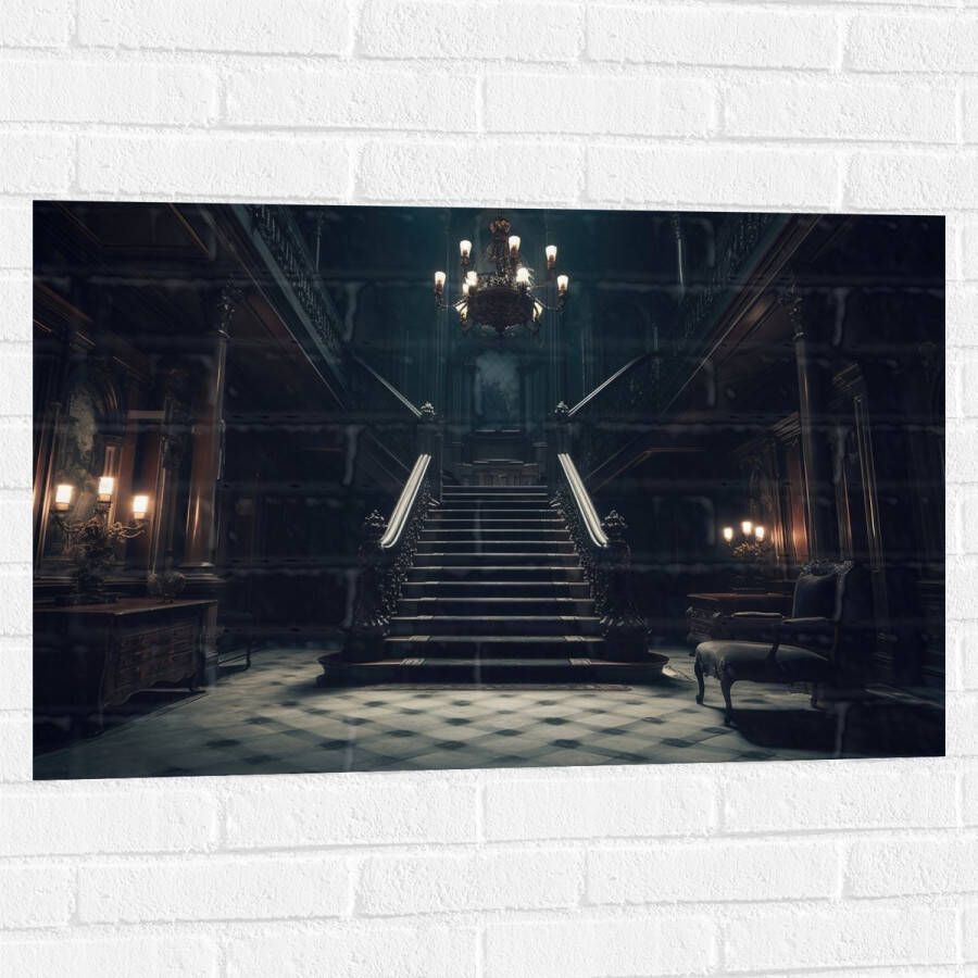Muursticker Huis Trap Donker Stoel Lampen Groot Gang 90x60 cm Foto op Muursticker