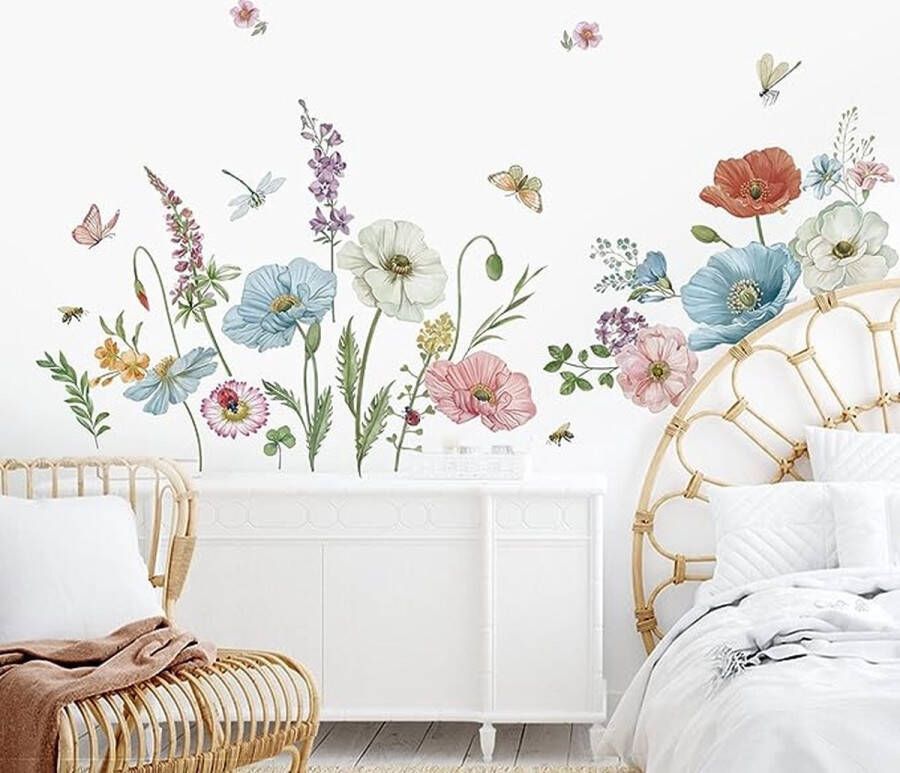 Muursticker klaprozen muursticker tuin bloemen vlinder muursticker wanddecoratie voor woonkamer slaapkamer bank achtergrond - Foto 2