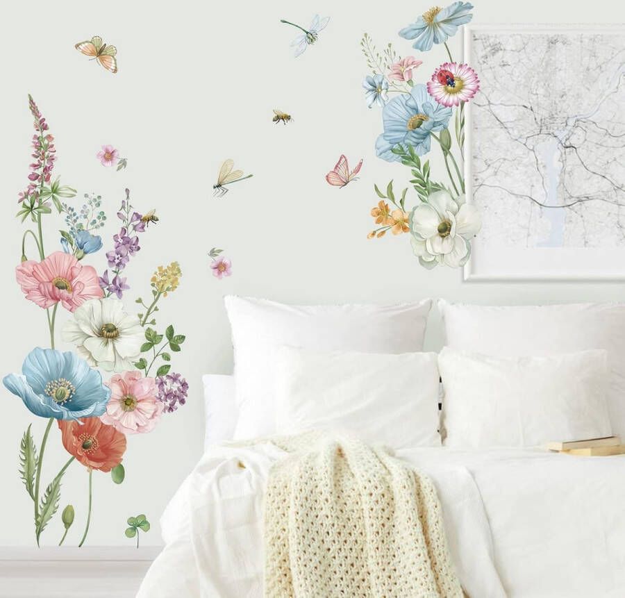 Muursticker klaprozen muursticker tuin bloemen vlinder muursticker wanddecoratie voor woonkamer slaapkamer bank achtergrond