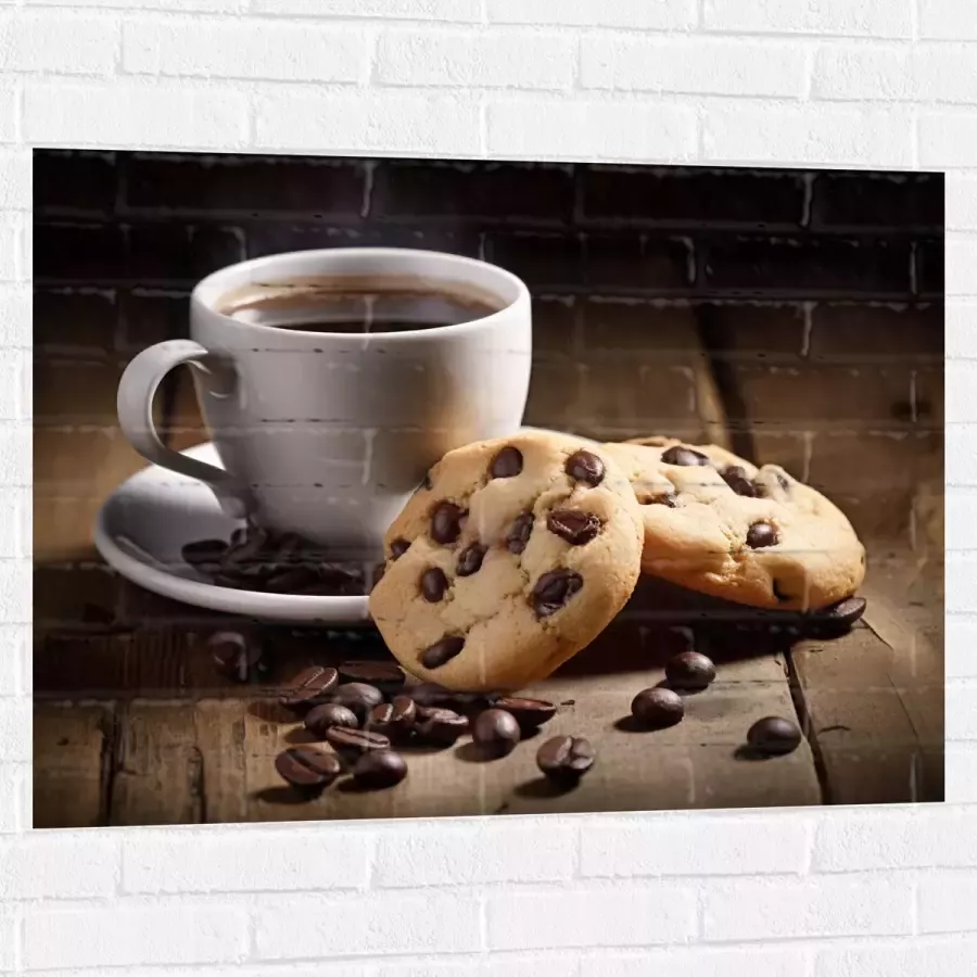 Muursticker Kop Koffie met Verse Koekjes op Houten Tafel 100x75 cm Foto op Muursticker