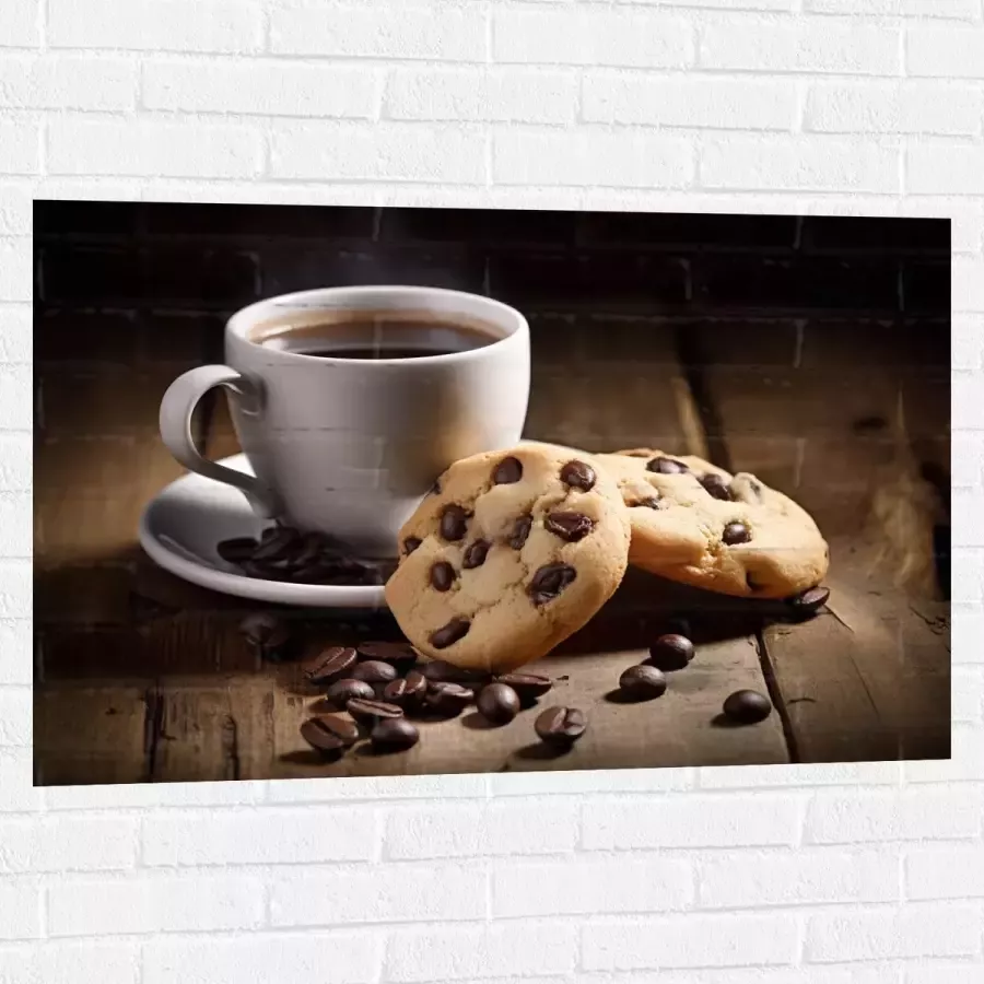 Muursticker Kop Koffie met Verse Koekjes op Houten Tafel 105x70 cm Foto op Muursticker