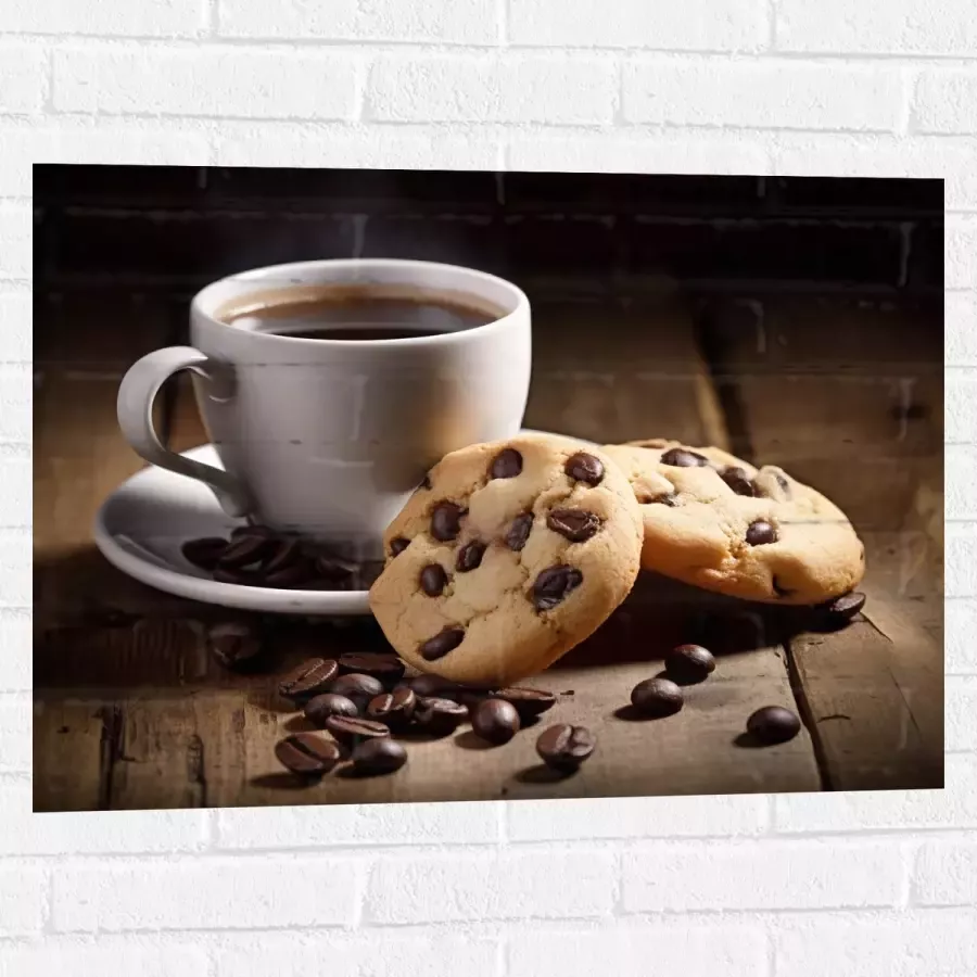Muursticker Kop Koffie met Verse Koekjes op Houten Tafel 80x60 cm Foto op Muursticker