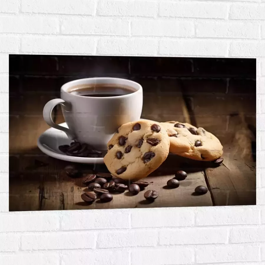 Muursticker Kop Koffie met Verse Koekjes op Houten Tafel 90x60 cm Foto op Muursticker