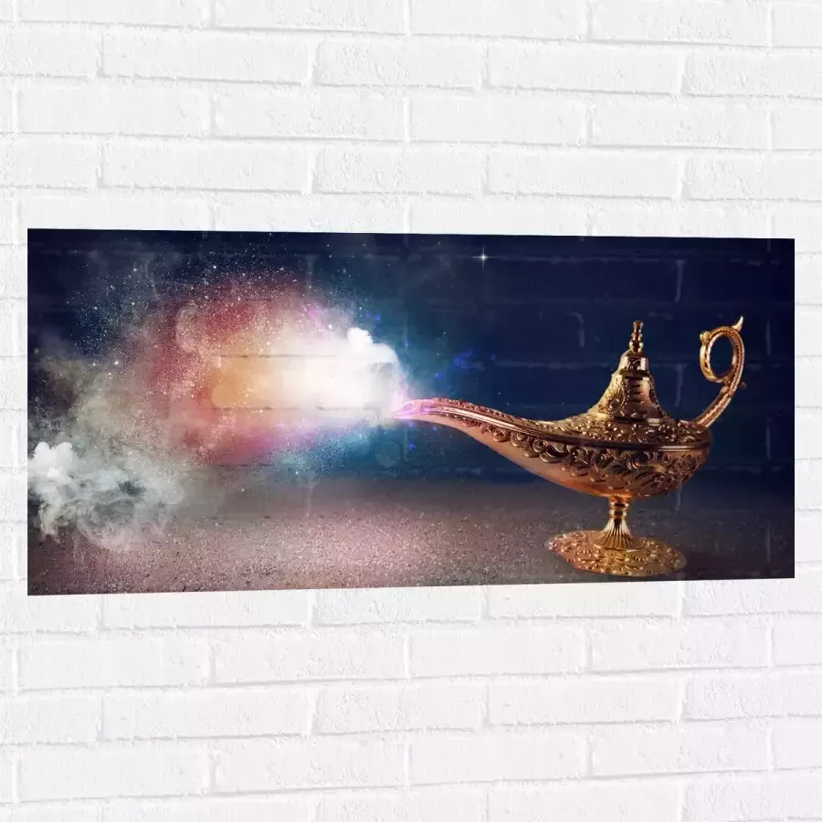 Muursticker Magische Gouden Lamp met Kleurrijke Rook 100x50 cm Foto op Muursticker