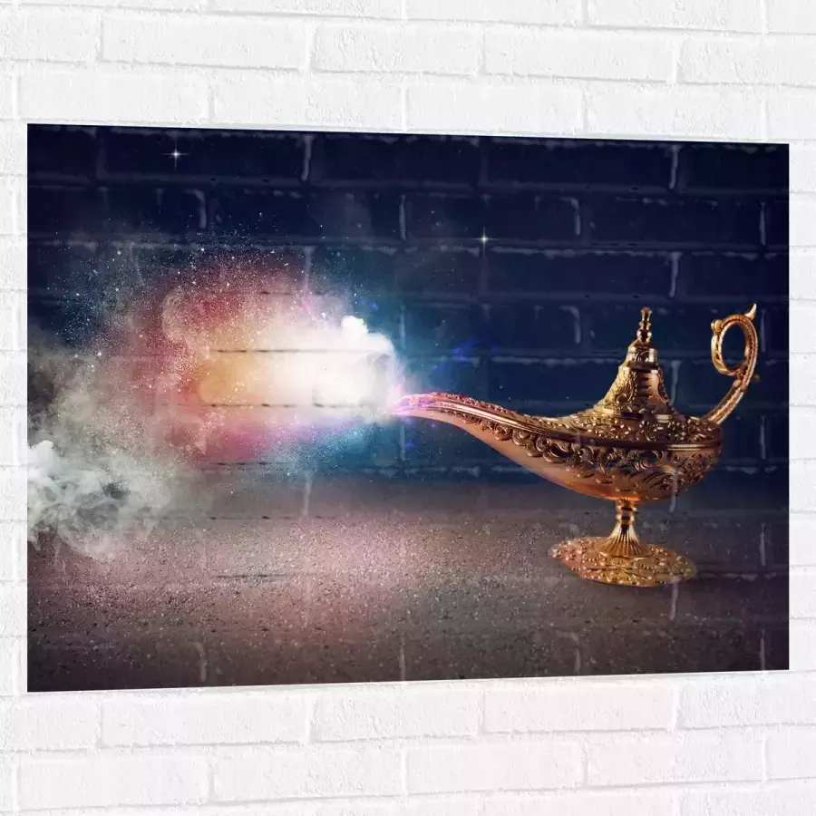 Muursticker Magische Gouden Lamp met Kleurrijke Rook 100x75 cm Foto op Muursticker