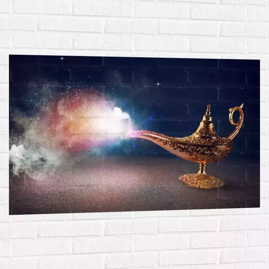Muursticker Magische Gouden Lamp met Kleurrijke Rook 105x70 cm Foto op Muursticker