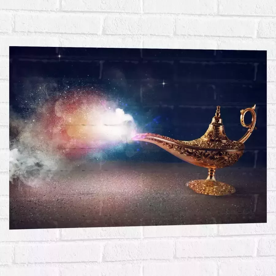 Muursticker Magische Gouden Lamp met Kleurrijke Rook 80x60 cm Foto op Muursticker