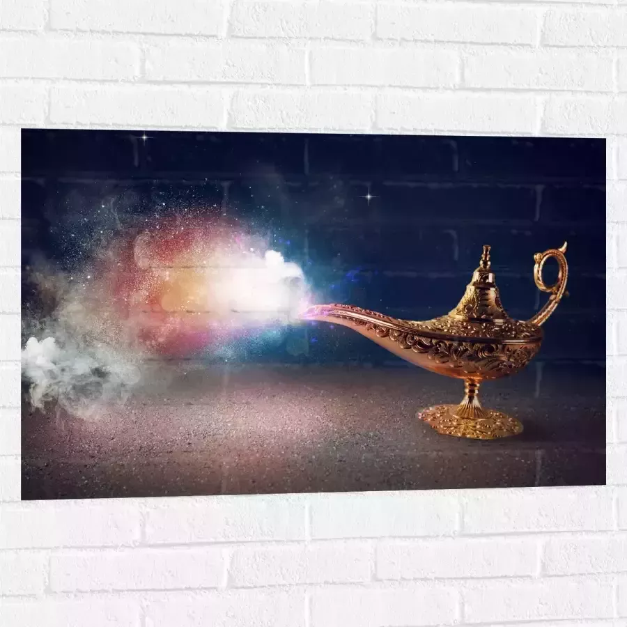 Muursticker Magische Gouden Lamp met Kleurrijke Rook 90x60 cm Foto op Muursticker