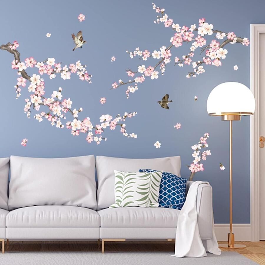 Muursticker roze kersenbloesem bloemen vogels op boom tak muursticker wanddecoratie geschikt voor woonkamer slaapkamer en bank achtergrond