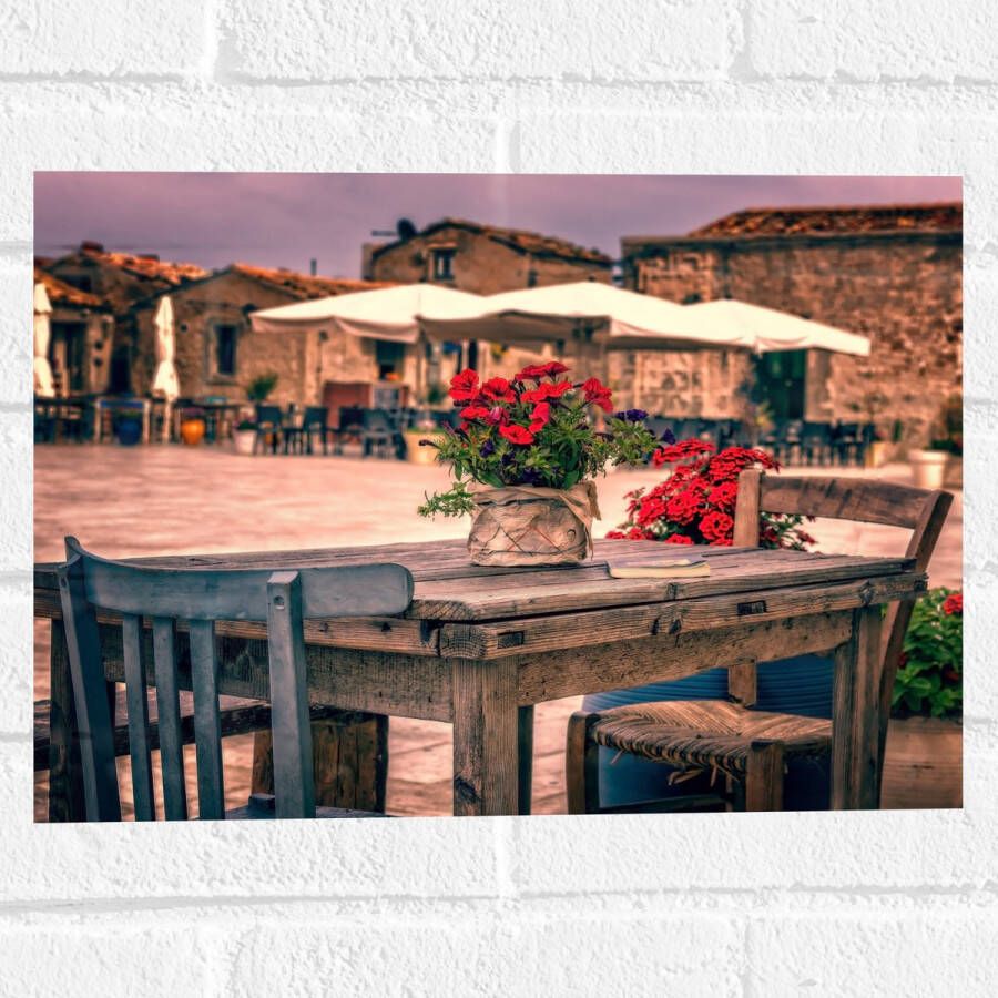 Muursticker Tafel Pleintje Bloemen Stoelen Parasol Kleuren 40x30 cm Foto op Muursticker