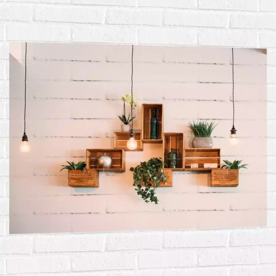 Muursticker Trio Lampen voor Kistjes met Planten aan de Muur 100x75 cm Foto op Muursticker