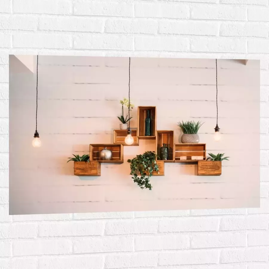 Muursticker Trio Lampen voor Kistjes met Planten aan de Muur 105x70 cm Foto op Muursticker
