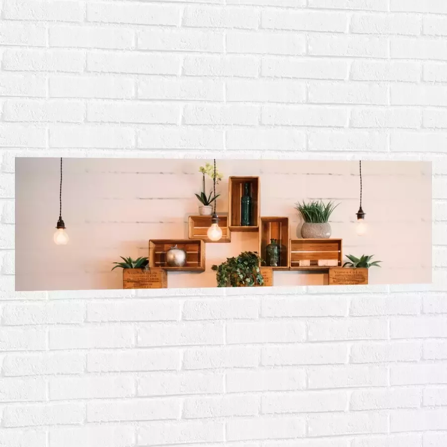 Muursticker Trio Lampen voor Kistjes met Planten aan de Muur 120x40 cm Foto op Muursticker
