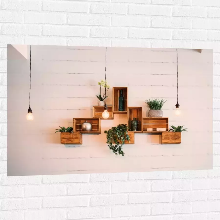 Muursticker Trio Lampen voor Kistjes met Planten aan de Muur 120x80 cm Foto op Muursticker