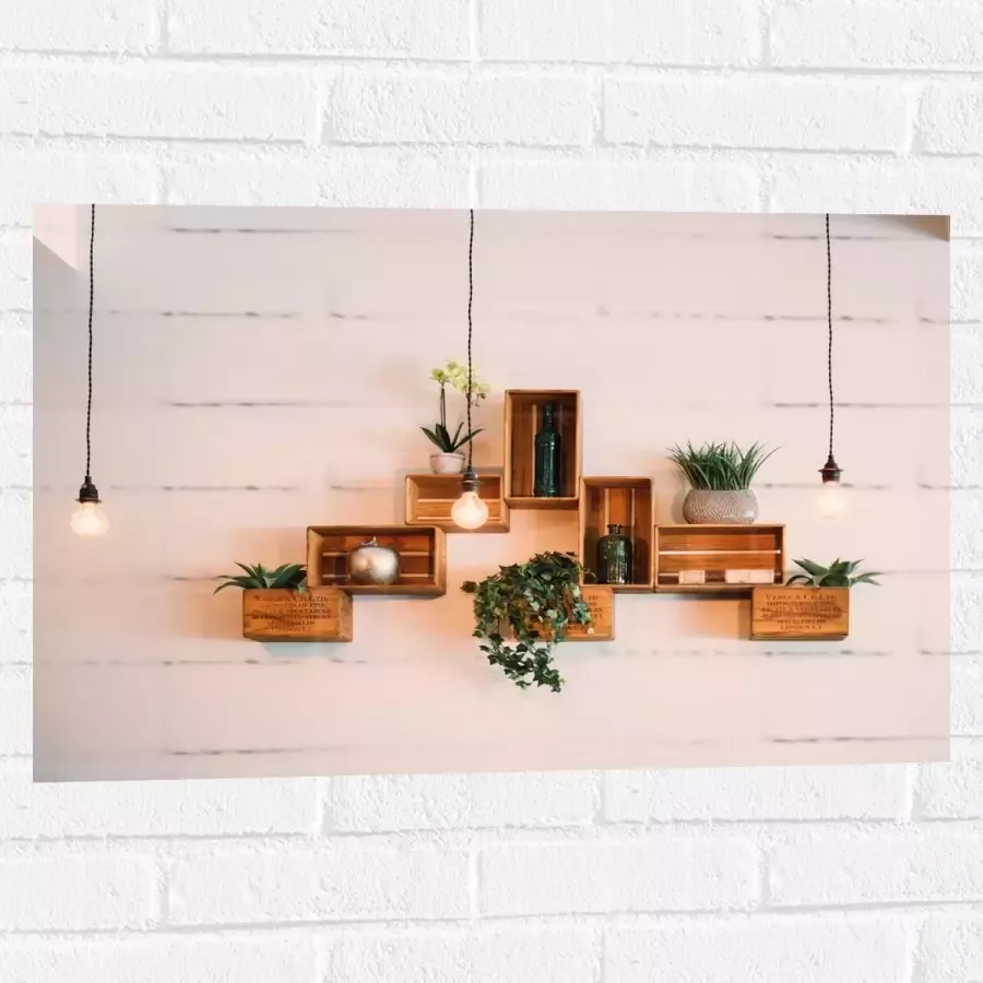 Muursticker Trio Lampen voor Kistjes met Planten aan de Muur 75x50 cm Foto op Muursticker