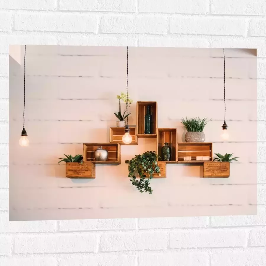 Muursticker Trio Lampen voor Kistjes met Planten aan de Muur 80x60 cm Foto op Muursticker