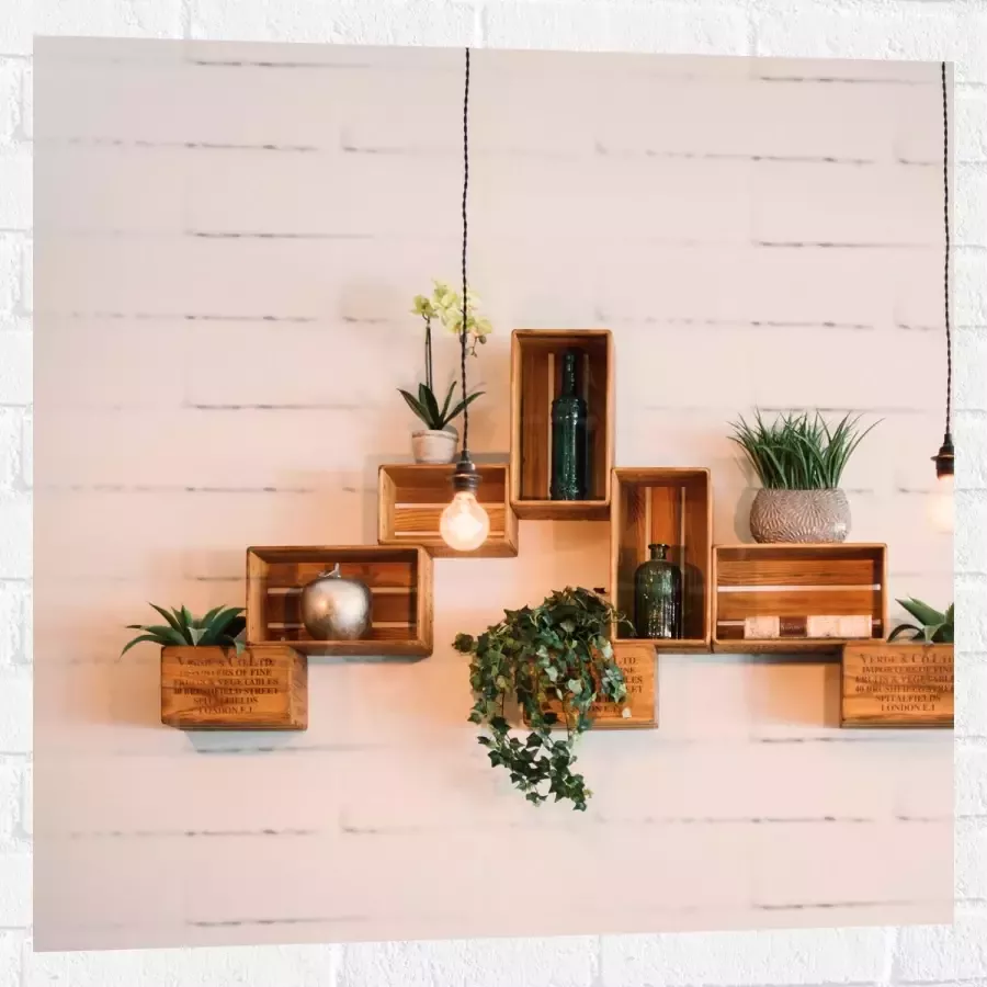 Muursticker Trio Lampen voor Kistjes met Planten aan de Muur 80x80 cm Foto op Muursticker